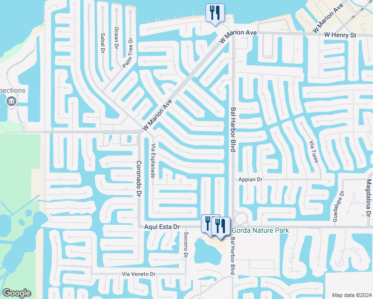 map of restaurants, bars, coffee shops, grocery stores, and more near 410 Belvedere Court in Punta Gorda