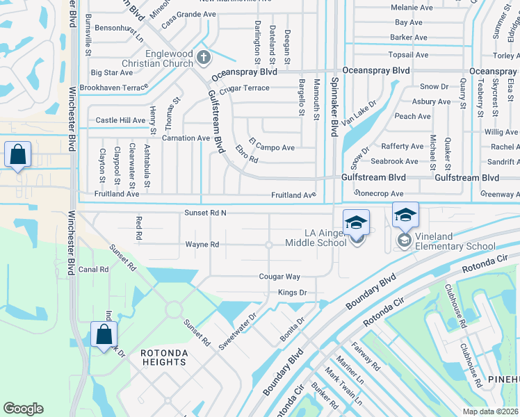 map of restaurants, bars, coffee shops, grocery stores, and more near 502 Sunset Road North in Rotonda West