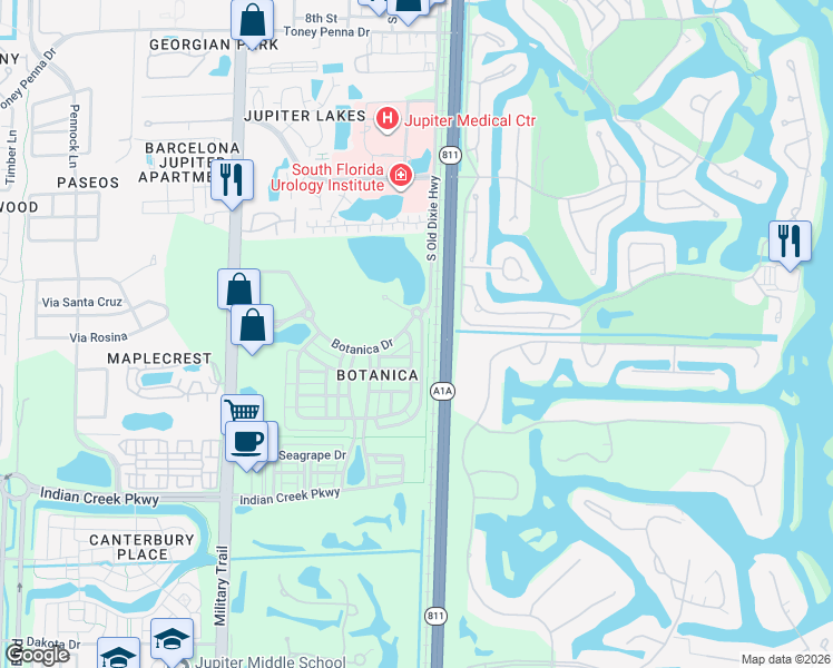 map of restaurants, bars, coffee shops, grocery stores, and more near 129 East Bay Cedar Circle in Jupiter