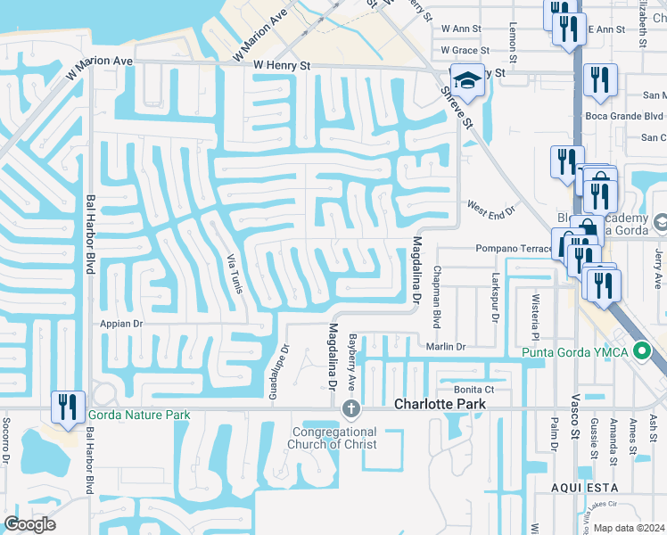 map of restaurants, bars, coffee shops, grocery stores, and more near 1327 Wesley Drive in Punta Gorda