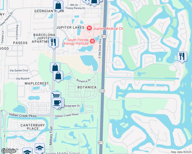 map of restaurants, bars, coffee shops, grocery stores, and more near 121 East Bay Cedar Circle in Jupiter