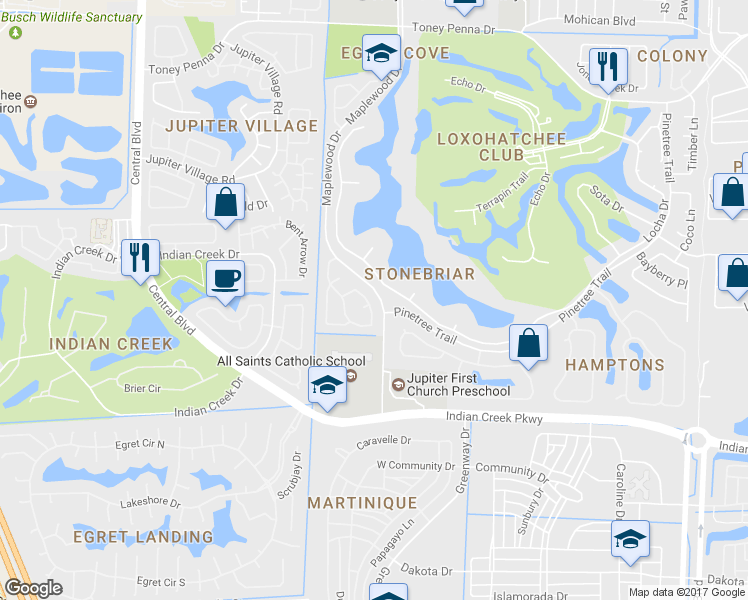 map of restaurants, bars, coffee shops, grocery stores, and more near 151 Michaels Court in Jupiter