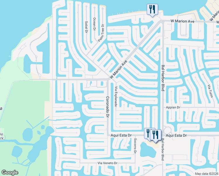 map of restaurants, bars, coffee shops, grocery stores, and more near 300 Coronado Drive in Punta Gorda