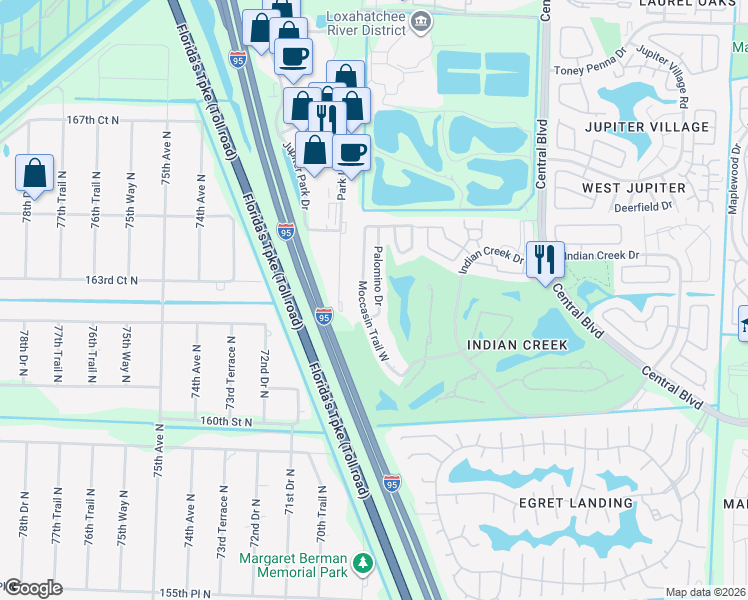 map of restaurants, bars, coffee shops, grocery stores, and more near 131 Palomino Drive in Jupiter