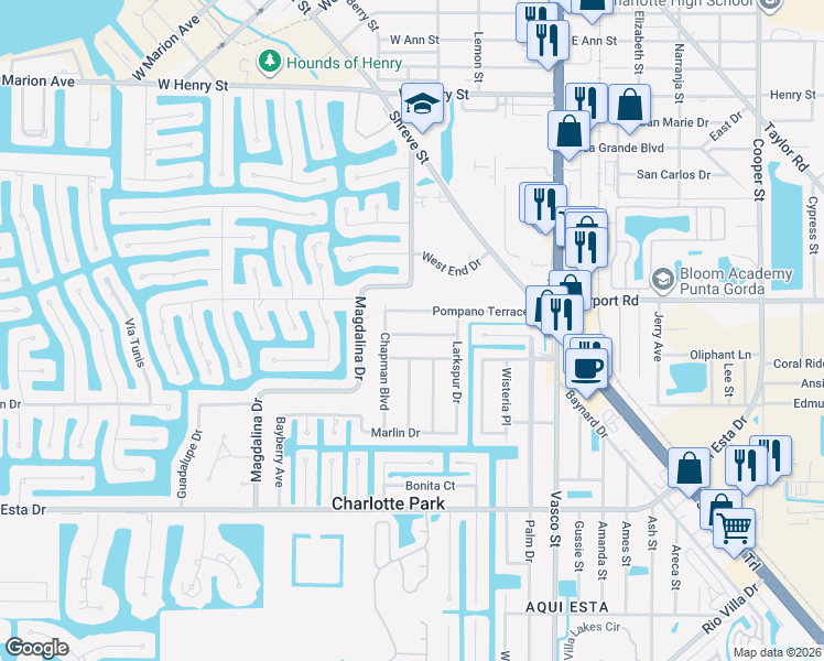 map of restaurants, bars, coffee shops, grocery stores, and more near 608 Tarpon Way in Punta Gorda