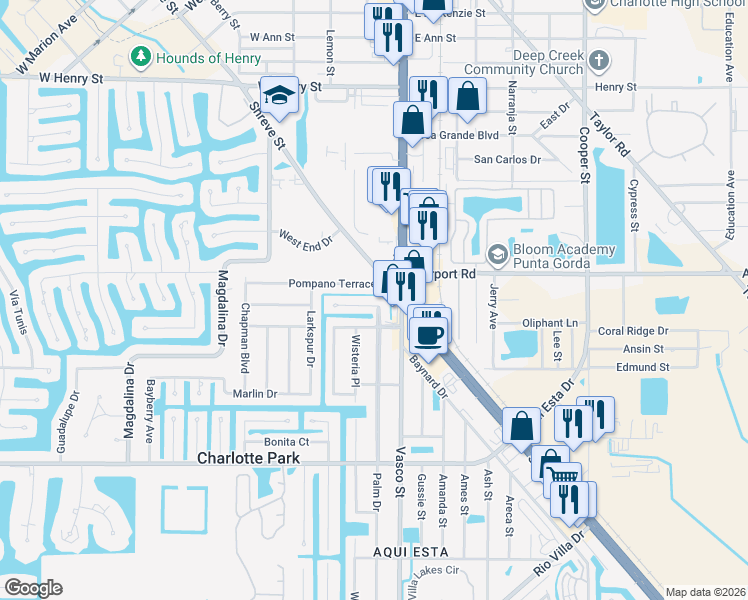 map of restaurants, bars, coffee shops, grocery stores, and more near 212 Tarpon Way in Punta Gorda