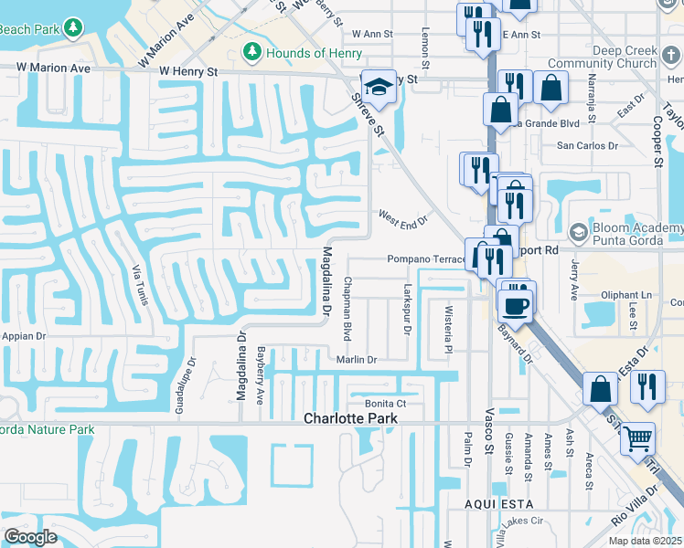 map of restaurants, bars, coffee shops, grocery stores, and more near 2441 Chapman Boulevard in Punta Gorda