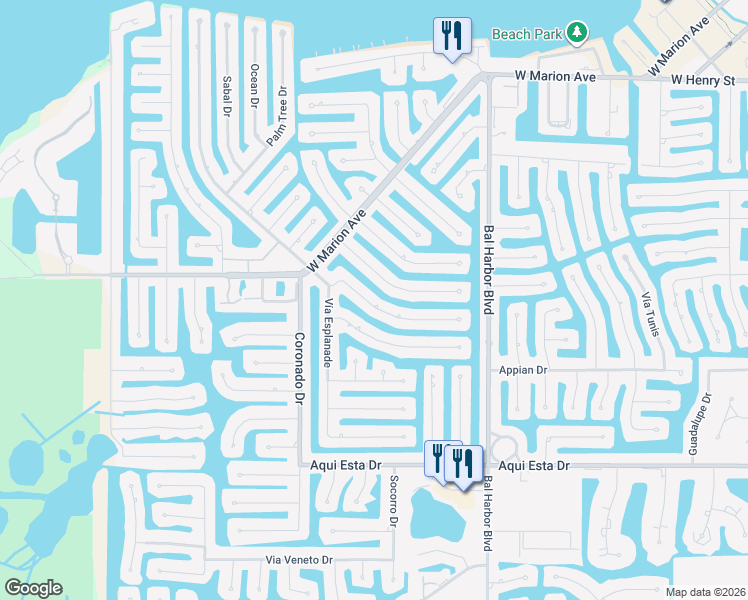 map of restaurants, bars, coffee shops, grocery stores, and more near 330 Belvedere Court in Punta Gorda