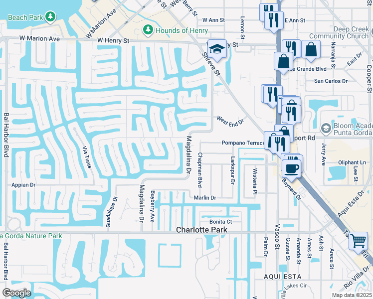 map of restaurants, bars, coffee shops, grocery stores, and more near 1330 Mediterranean Drive in Punta Gorda