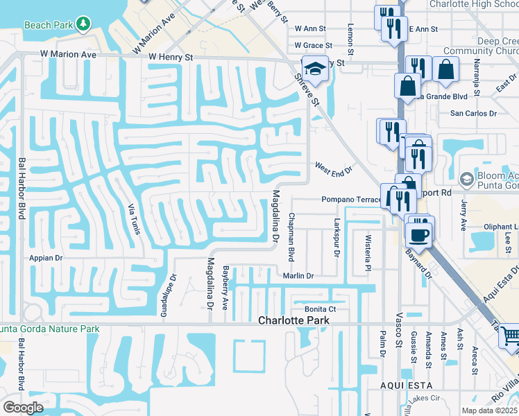 map of restaurants, bars, coffee shops, grocery stores, and more near 1324 Mediterranean Drive in Punta Gorda