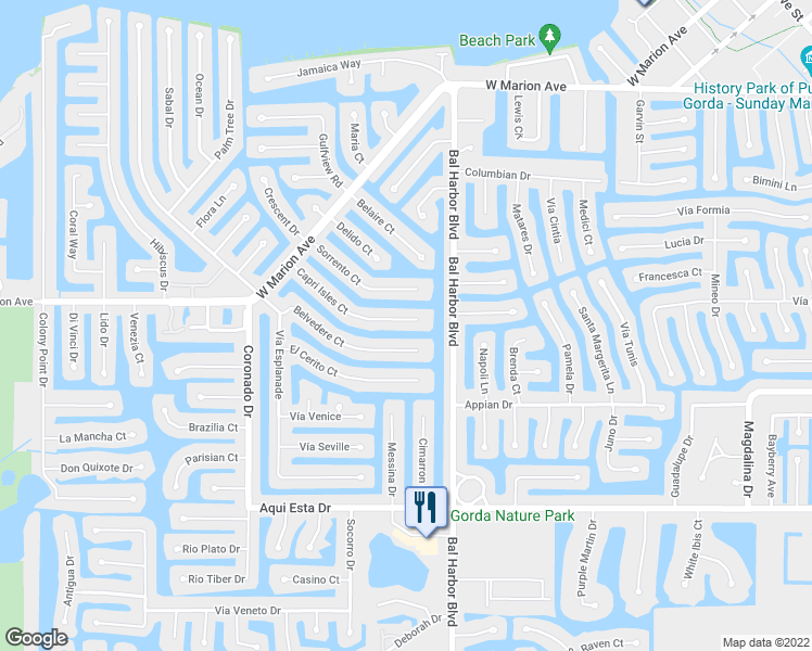 map of restaurants, bars, coffee shops, grocery stores, and more near 463 Capri Isles Court in Punta Gorda