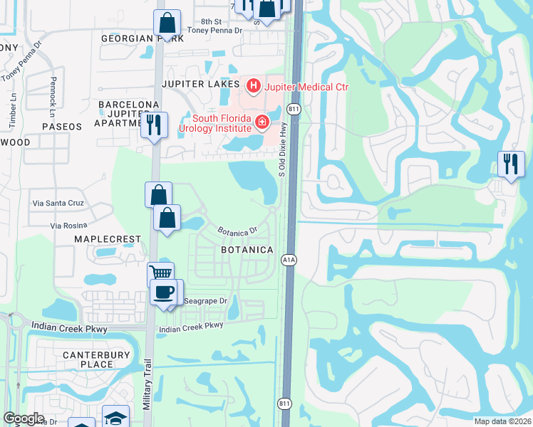 map of restaurants, bars, coffee shops, grocery stores, and more near 129 East Bay Cedar Circle in Jupiter