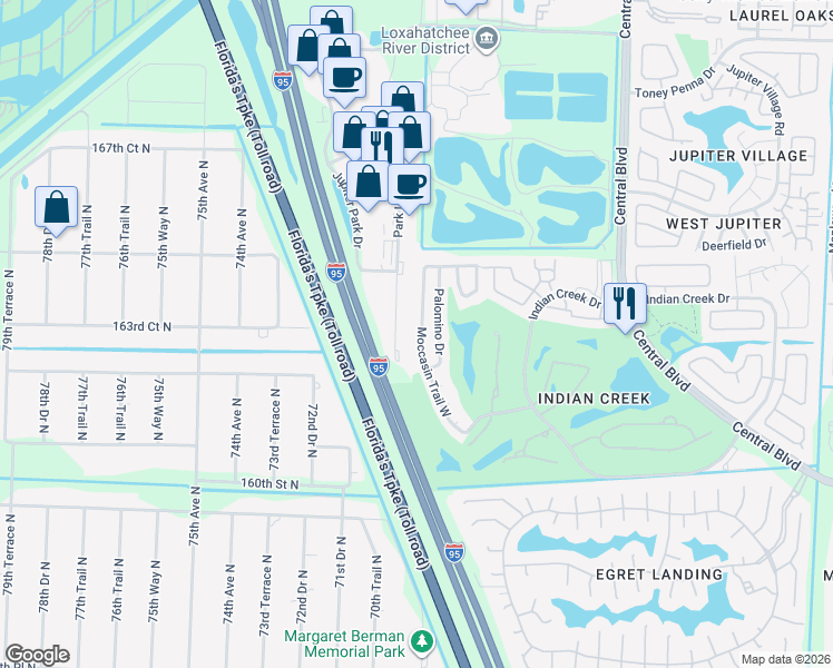 map of restaurants, bars, coffee shops, grocery stores, and more near 131 Palomino Drive in Jupiter