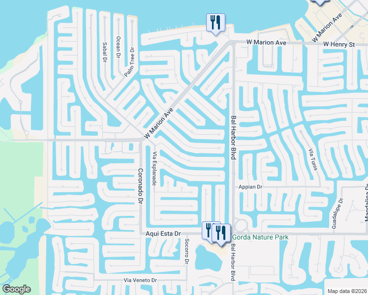 map of restaurants, bars, coffee shops, grocery stores, and more near 350 Belvedere Court in Punta Gorda