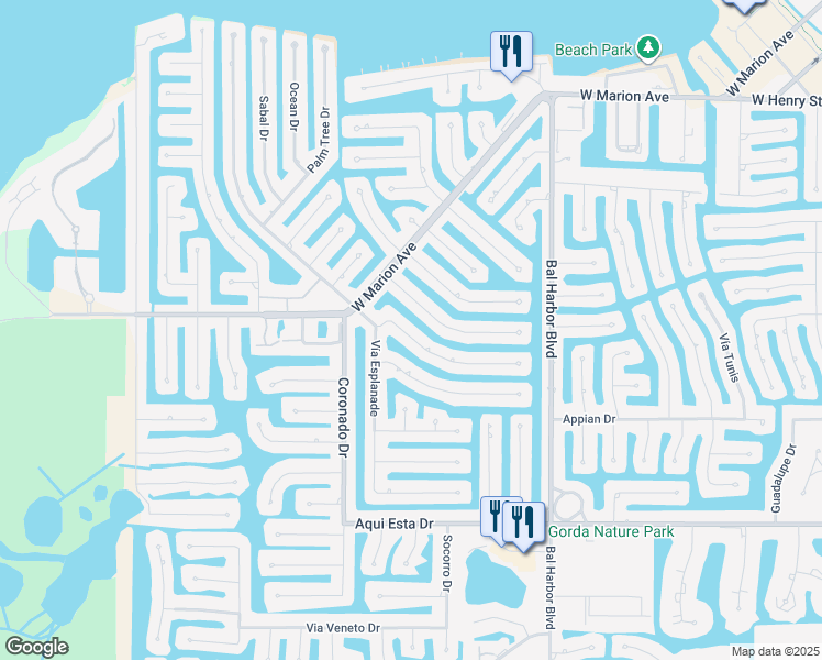 map of restaurants, bars, coffee shops, grocery stores, and more near 2390 El Cerito Court in Punta Gorda