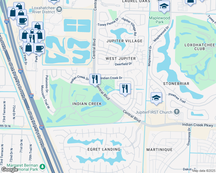 map of restaurants, bars, coffee shops, grocery stores, and more near 1795 East Indian Creek Drive in Jupiter