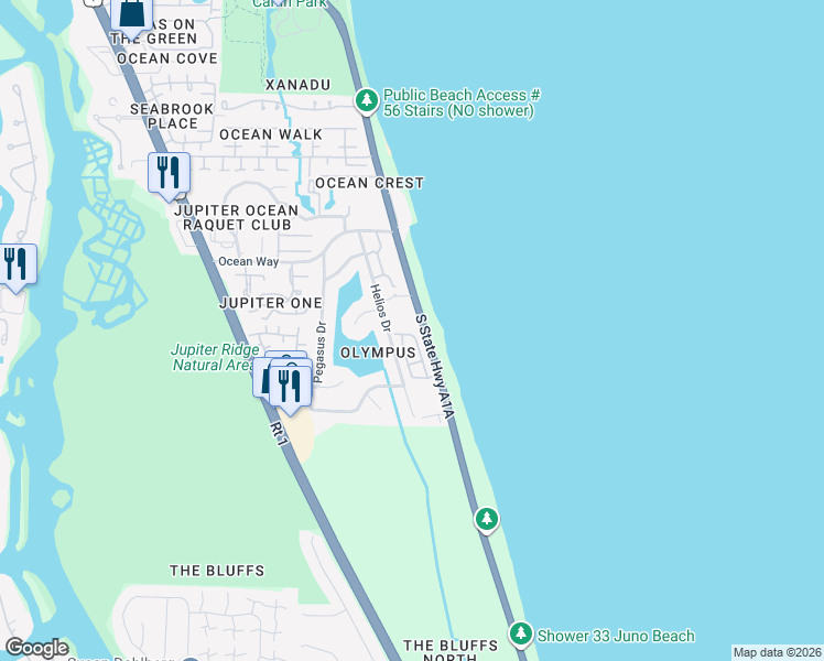 map of restaurants, bars, coffee shops, grocery stores, and more near 1833 Ocean Boulevard in Jupiter