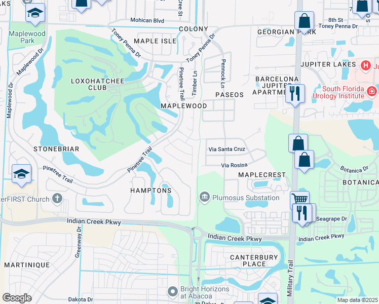 map of restaurants, bars, coffee shops, grocery stores, and more near 107 Bayberry Circle in Jupiter