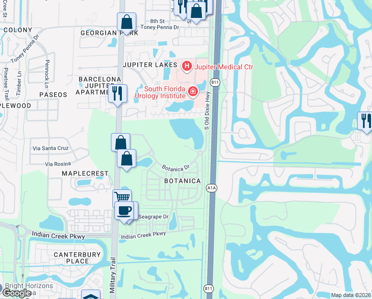 map of restaurants, bars, coffee shops, grocery stores, and more near 140 Tulip Tree Court in Jupiter