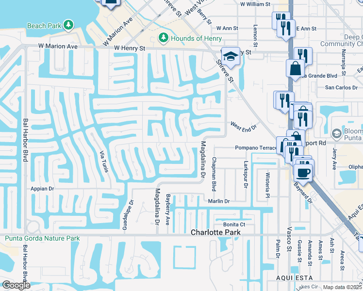 map of restaurants, bars, coffee shops, grocery stores, and more near 1244 Riding Rocks Lane in Punta Gorda