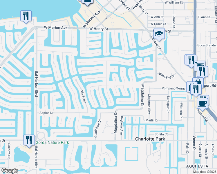 map of restaurants, bars, coffee shops, grocery stores, and more near 1216 Mineo Drive in Punta Gorda