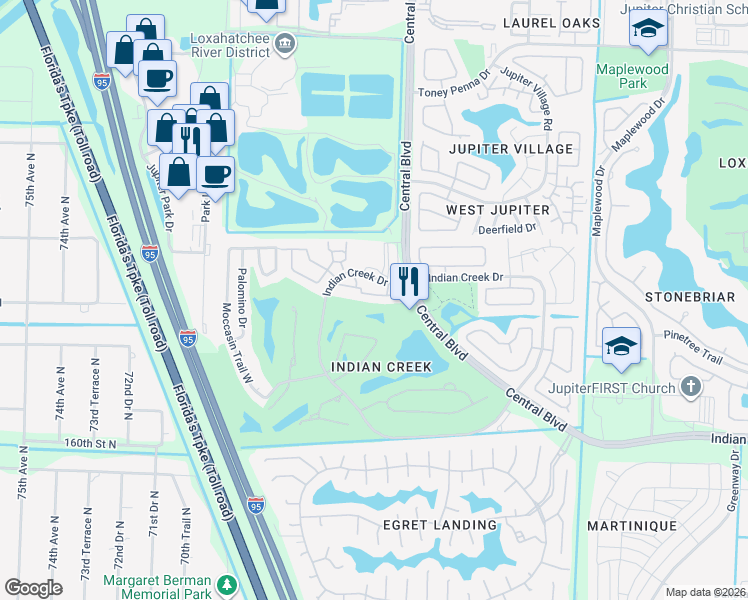 map of restaurants, bars, coffee shops, grocery stores, and more near 1102 Indian Creek Drive West in Jupiter