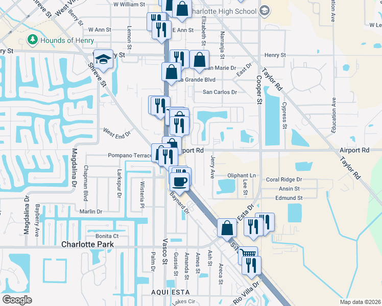 map of restaurants, bars, coffee shops, grocery stores, and more near 24299 Airport Road in Punta Gorda