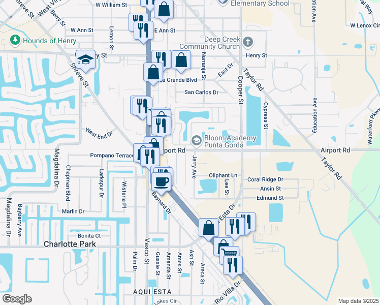 map of restaurants, bars, coffee shops, grocery stores, and more near 2400 Sunshine Boulevard in Punta Gorda
