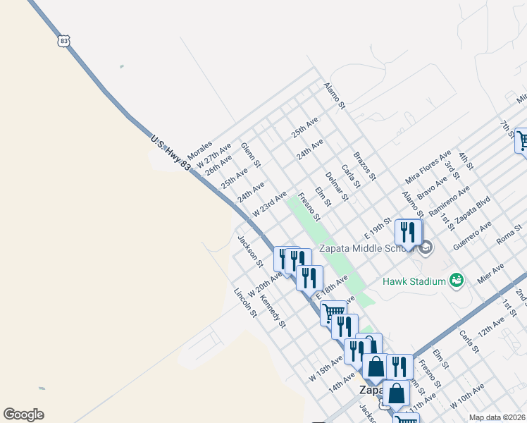map of restaurants, bars, coffee shops, grocery stores, and more near 130-198 W 24th Ave in Zapata
