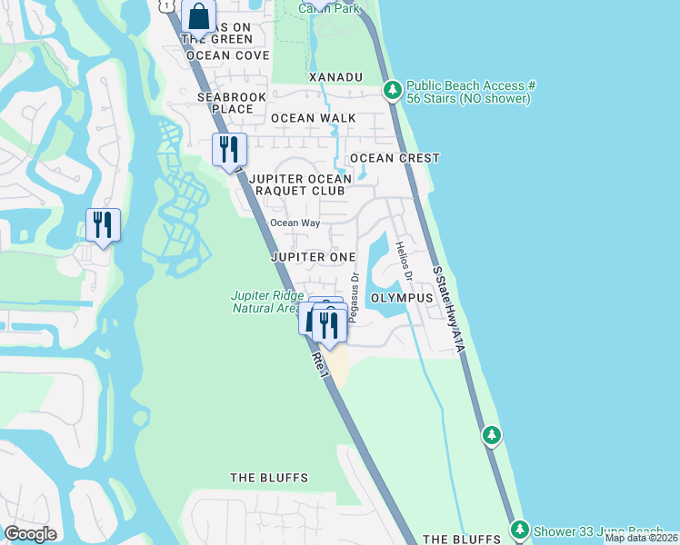 map of restaurants, bars, coffee shops, grocery stores, and more near 16 Ocean Way Drive in Jupiter