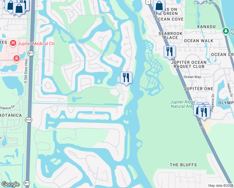 map of restaurants, bars, coffee shops, grocery stores, and more near 16400 Port Dickinson Drive in Jupiter