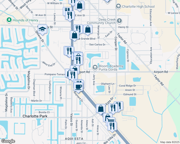 map of restaurants, bars, coffee shops, grocery stores, and more near 2400 Sunshine Boulevard in Punta Gorda
