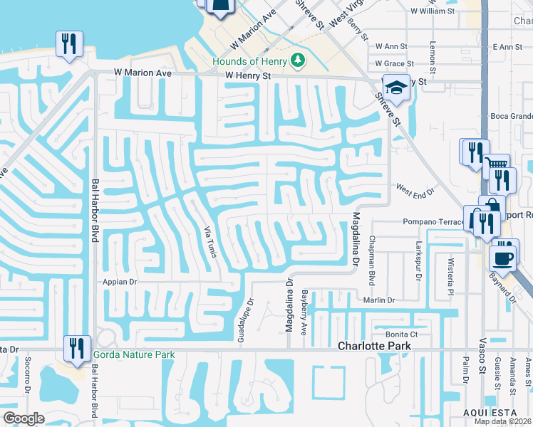 map of restaurants, bars, coffee shops, grocery stores, and more near 1298 Mineo Drive in Punta Gorda