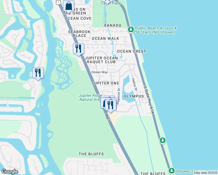 map of restaurants, bars, coffee shops, grocery stores, and more near 16 Ocean Way Drive in Jupiter