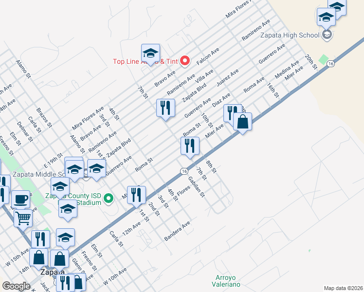 map of restaurants, bars, coffee shops, grocery stores, and more near 700 Medina Street in Zapata
