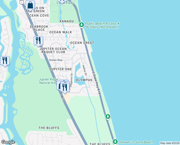 map of restaurants, bars, coffee shops, grocery stores, and more near 176 Helios Drive in Jupiter