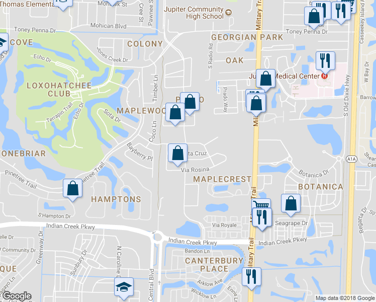 map of restaurants, bars, coffee shops, grocery stores, and more near 123 Via Santa Cruz in Jupiter