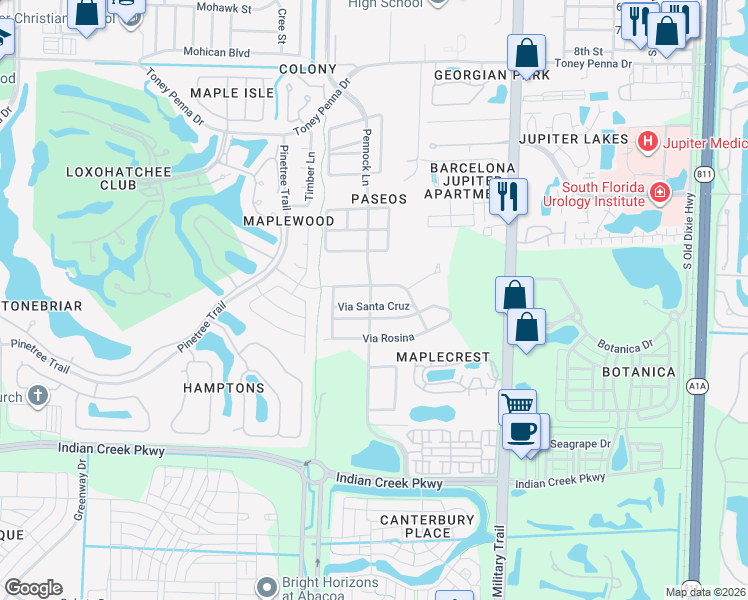 map of restaurants, bars, coffee shops, grocery stores, and more near 132 Via Isabela in Jupiter