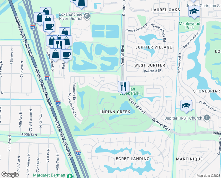 map of restaurants, bars, coffee shops, grocery stores, and more near 100 Wingfoot Drive in Jupiter
