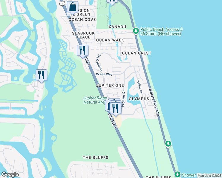 map of restaurants, bars, coffee shops, grocery stores, and more near 6c Ocean Way Drive in Jupiter