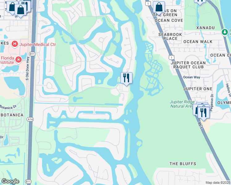 map of restaurants, bars, coffee shops, grocery stores, and more near 16400 Port Dickinson Drive in Jupiter
