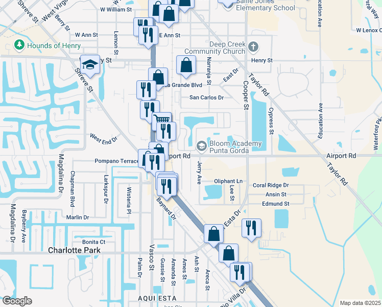 map of restaurants, bars, coffee shops, grocery stores, and more near 2400 Sunshine Boulevard in Punta Gorda