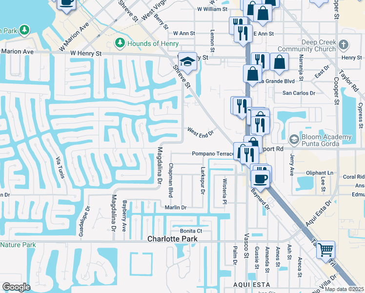 map of restaurants, bars, coffee shops, grocery stores, and more near 2301 Magdalina Drive in Punta Gorda