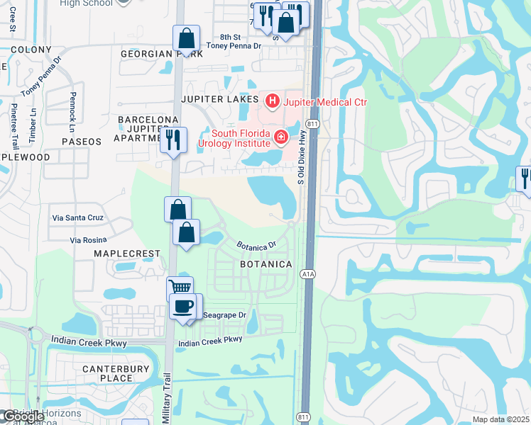map of restaurants, bars, coffee shops, grocery stores, and more near 140 Tulip Tree Court in Jupiter