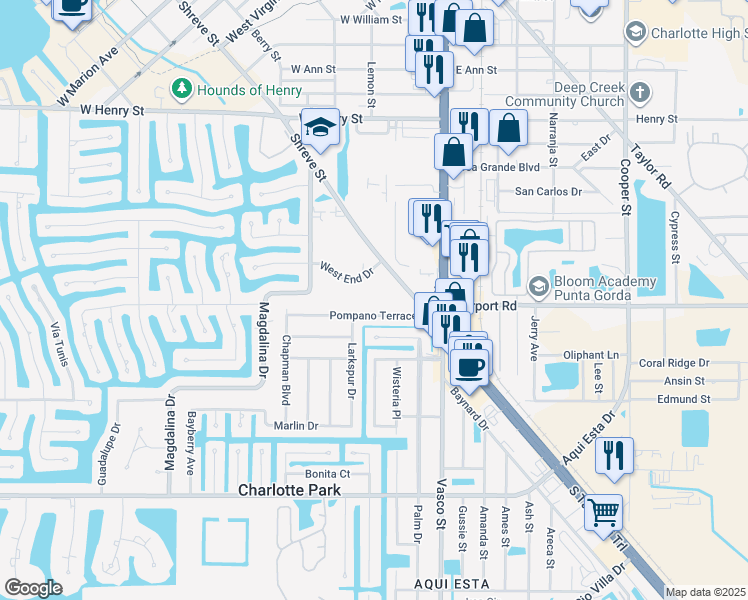 map of restaurants, bars, coffee shops, grocery stores, and more near 255 West End Drive in Punta Gorda