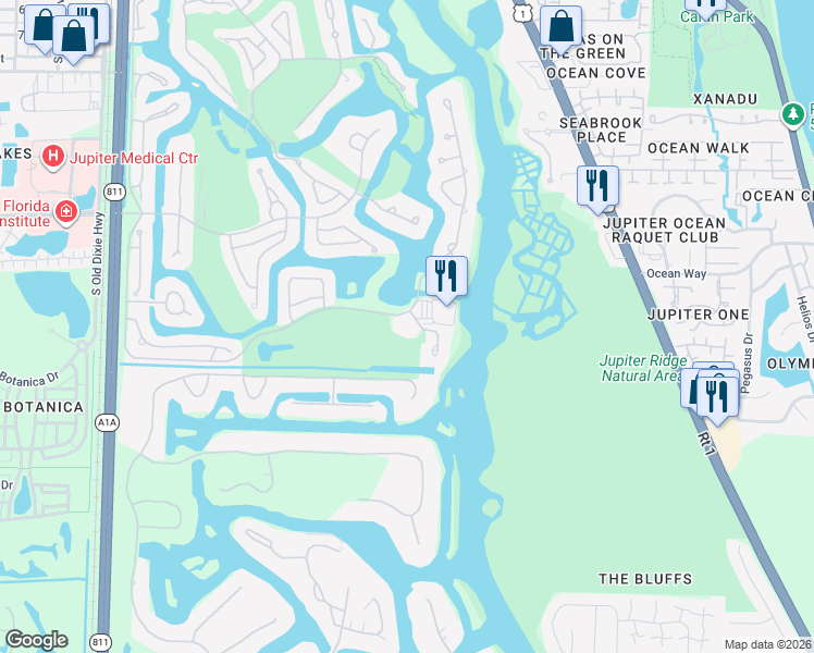 map of restaurants, bars, coffee shops, grocery stores, and more near 16400 Port Dickinson Drive in Jupiter