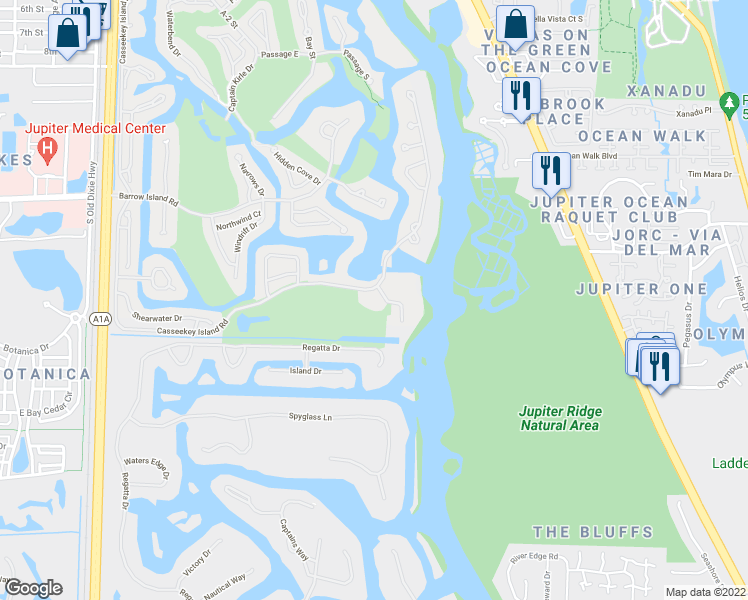 map of restaurants, bars, coffee shops, grocery stores, and more near 16400 Port Dickinson Drive in Jupiter