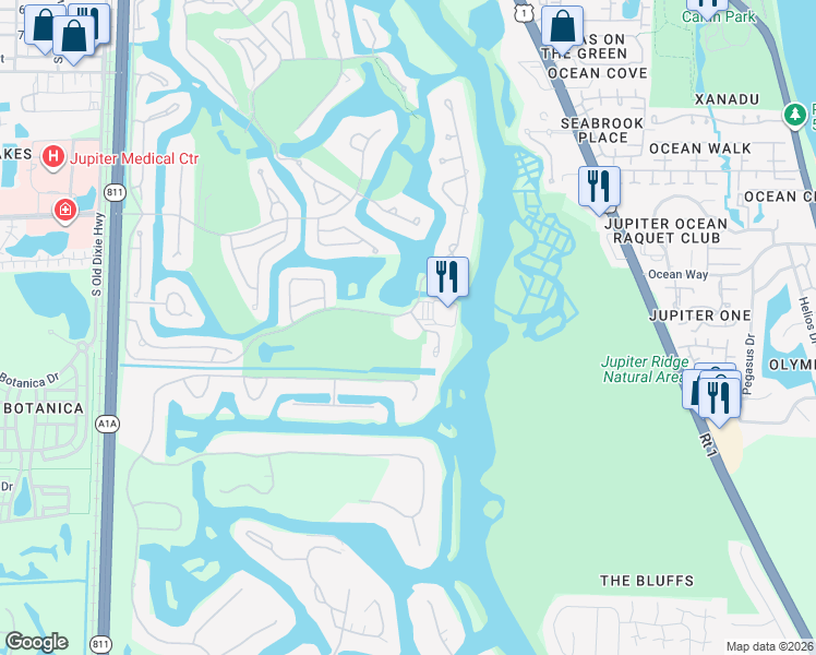 map of restaurants, bars, coffee shops, grocery stores, and more near 16400 Port Dickinson Drive in Jupiter