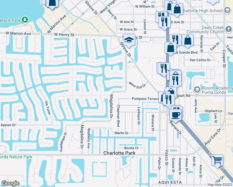 map of restaurants, bars, coffee shops, grocery stores, and more near 2325 Magdalina Drive in Punta Gorda