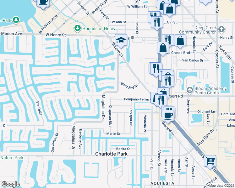 map of restaurants, bars, coffee shops, grocery stores, and more near 2301 Magdalina Drive in Punta Gorda